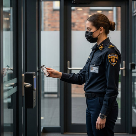 A woman in a dark uniform and face mask scans a device at a glass door, likely for entry or security purposes.の素材