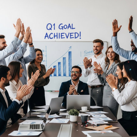 A diverse group of professionals in a modern office setting enthusiastically celebrates achieving their first quarter goals.の素材