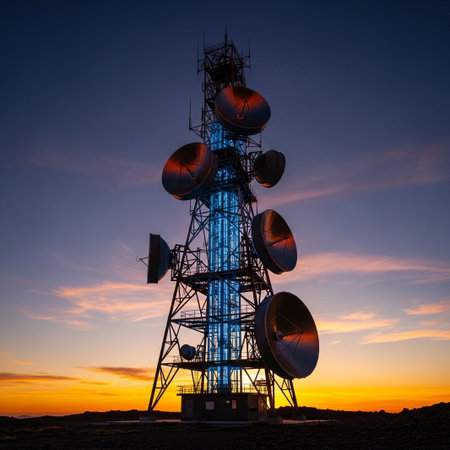 A tall, lattice communications tower is illuminated with blue lights against a vibrant sunset sky with orange and purple hues.の素材
