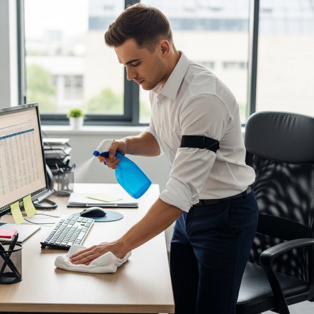 A man in a white shirt cleans his office desk with a spray bottle and cloth, sanitizing his workspace.の素材