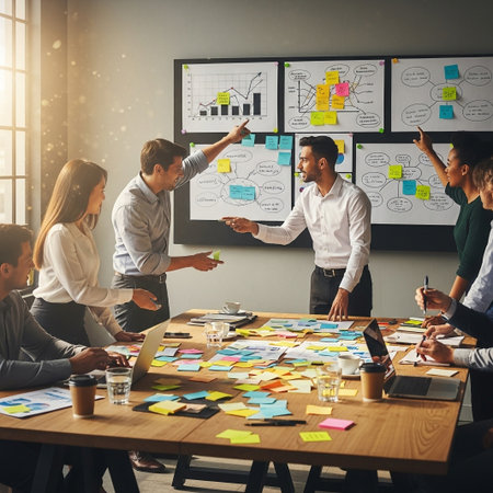 A group of professionals actively engaged in a brainstorming session, pointing at charts and discussing ideas around a cluttered table.の素材
