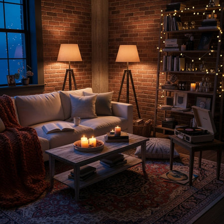 A dimly lit, cozy living room with a sofa, coffee table, and a decorated Christmas tree, illuminated by lamps and candles.の素材