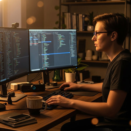 A person with glasses is focused on coding on two computer screens in a dimly lit room with bookshelves in the background.の素材