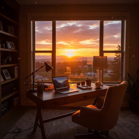 A warm and inviting home office setup features a desk, chair, and laptop bathed in the golden light of a breathtaking sunset over a city.の素材