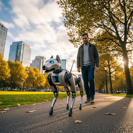 A man walks a futuristic robotic dog on a paved path. Autumn foliage and city skyscrapers form the backdrop.の素材