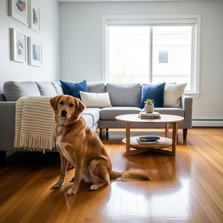 A golden retriever sits on a polished wooden floor in a sunlit living room with a sofa and coffee table.の素材