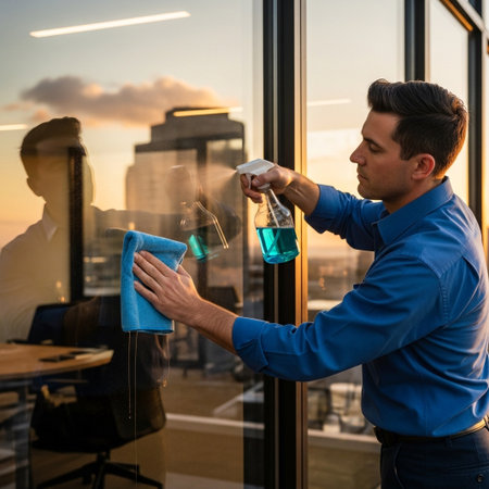A man in a blue shirt cleans a large office window with a spray bottle and blue cloth, reflecting the sunset.の素材