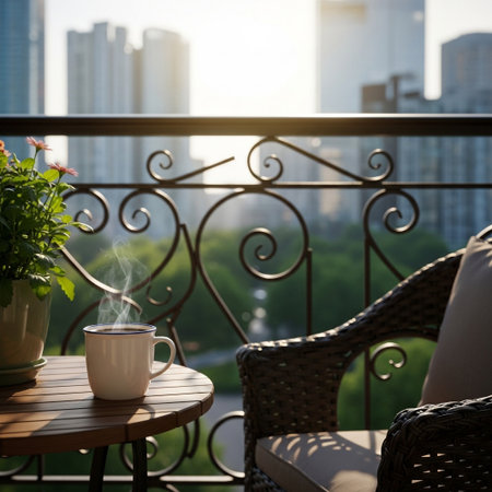 A steaming cup of coffee sits on a small table on a balcony, overlooking a city skyline at sunrise.の素材
