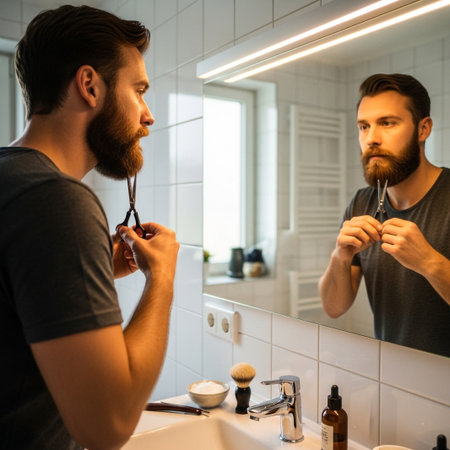 A man with a beard carefully trims it using scissors while looking at his reflection in a modern bathroom mirror.の素材