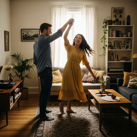 A happy couple twirls and dances in their sunlit living room, surrounded by warm decor and personal touches.の素材