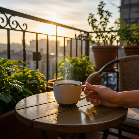 A hand holds a steaming cup of coffee on a small table on a balcony, with the sun rising over a city in the background.の素材