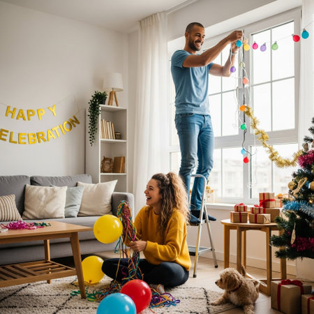 A man and woman are decorating their home with festive banners and balloons, preparing for a special occasion. A dog watches nearby.の素材