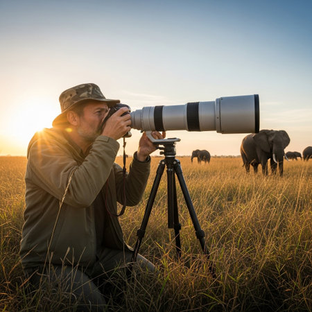 A wildlife photographer with a large lens on a tripod photographs a herd of elephants in a golden African savannah during sunrise.の素材