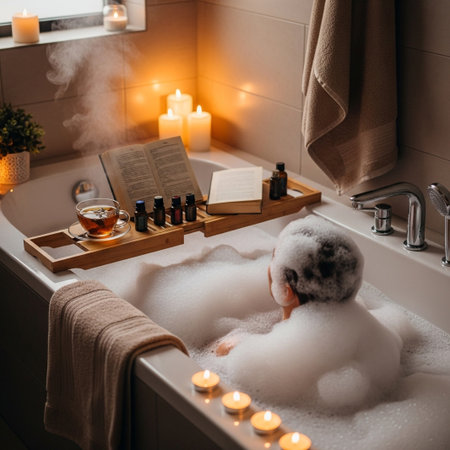 A luxurious bubble bath is illuminated by soft candlelight, featuring essential oils and a plush towel for a serene and pampering experience.の素材
