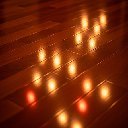 Soft, flickering candlelight creates warm, glowing reflections scattered across a dark, polished wooden surface, evoking a cozy atmosphere.の素材