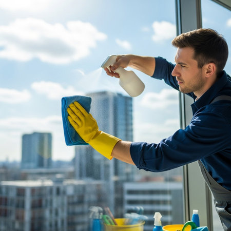 A man wearing yellow gloves sprays and wipes a large window, with a city skyline visible in the background.の素材