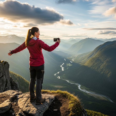 A woman stands on a rocky peak, holding a camera and taking a photo of a vast, scenic mountain valley during golden hour.の素材