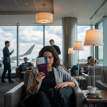 A woman sits in a comfortable airport lounge, reviewing her passport and boarding pass while an airplane is visible outside.の素材