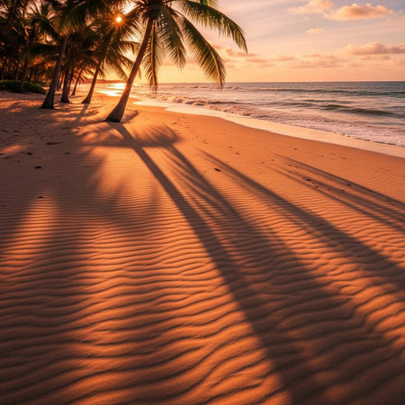 Long, dramatic shadows of palm trees are cast across a rippled sandy beach during a warm, golden hour sunset by the ocean.の素材