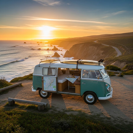 A teal and white vintage camper van sits on a cliff overlooking the ocean during a vibrant sunset. Surfboards are strapped to the roof.の素材