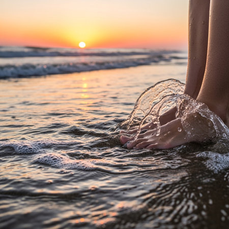 Close up of bare feet in shallow ocean water as waves gently wash over them during a vibrant sunset.の素材