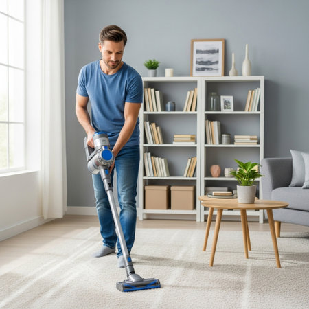 A man in a blue t-shirt and jeans cleans his modern living room floor with a cordless vacuum cleaner, shelves in background.の素材