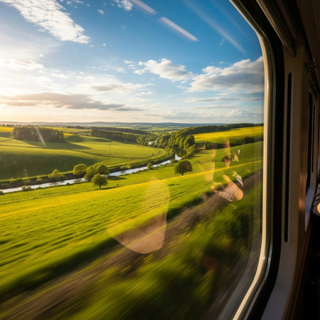 A vibrant green landscape with yellow fields and a winding river, seen through a train window as the sun sets.の素材