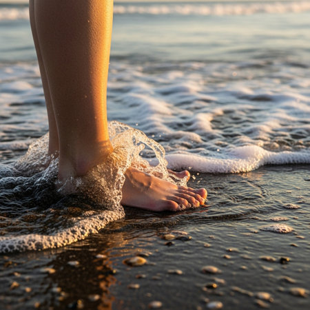 A close-up shot of a bare foot stepping into the ocean as a gentle wave washes over it during sunset.の素材
