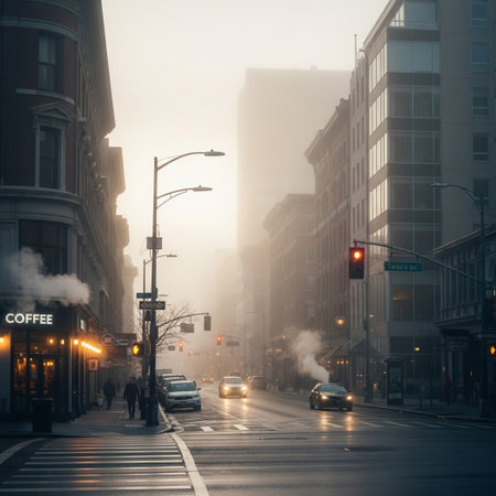 A hazy, atmospheric view of a city street with cars, traffic lights, and tall buildings shrouded in mist.の素材