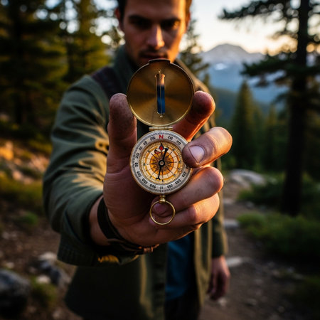 A man in a forest holds a compass towards the camera, suggesting direction and exploration on an outdoor journey.の素材
