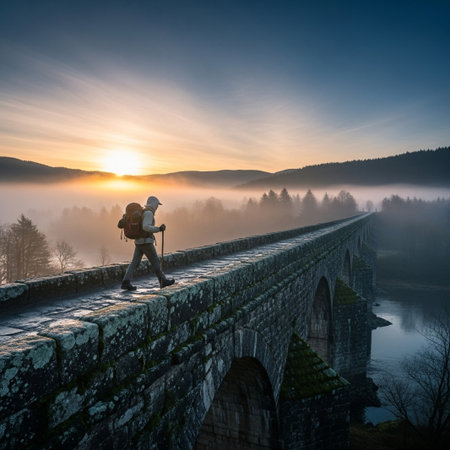 A solitary figure with a backpack walks across a stone bridge as the sun rises over a misty, tree-lined valley.の素材