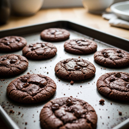 A close-up view of a baking sheet filled with delicious, warm chocolate chip cookies, ready to be enjoyed.の素材