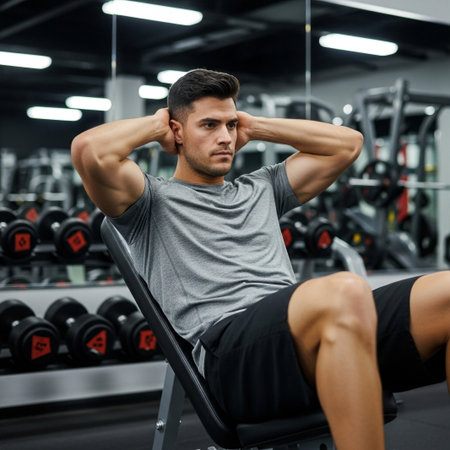 A focused man with dark hair and a gray t-shirt performs a sit-up exercise on a decline bench in a well-equipped gym.の素材