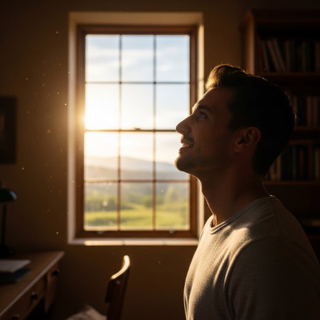 A man looks up with his eyes closed, bathed in the golden light of sunset coming through a window overlooking a peaceful landscape.の素材