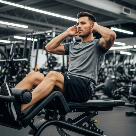 A focused man is doing sit-ups on a gym bench, his hands behind his head, in a well-lit fitness center.の素材