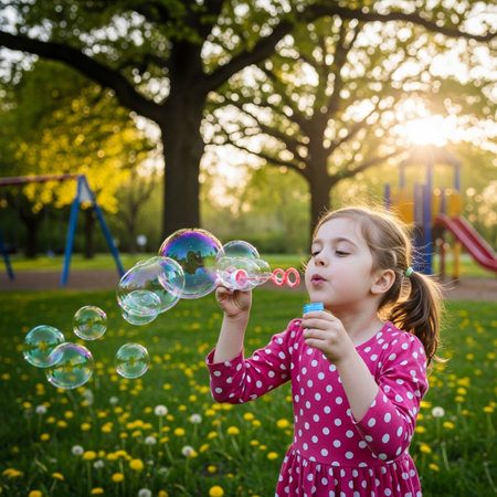 A young girl with a pink polka dot shirt joyfully blows iridescent bubbles in a park during golden hour.の素材