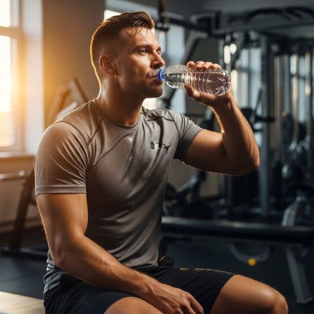 A fit man with short hair takes a break from his workout to drink water in a well-lit gym.の素材