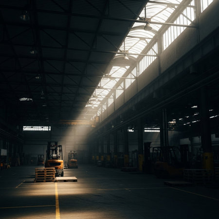A solitary forklift driver works in a vast, dimly lit industrial warehouse, bathed in dramatic shafts of sunlight from the ceiling. Dramatic lighting.の素材
