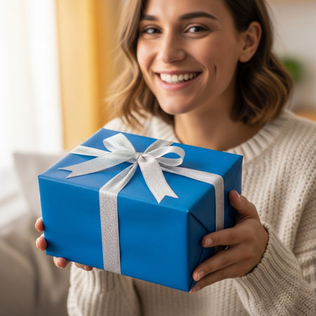 A happy woman with short brown hair smiles while holding a beautifully wrapped blue gift with a white ribbon.の素材