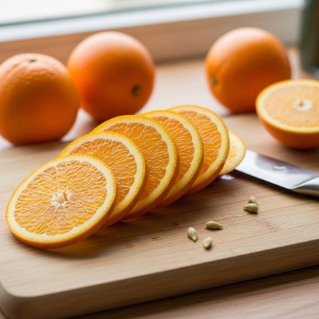 A collection of whole and sliced oranges arranged on a wooden cutting board, with a knife nearby. The vibrant citrus fruits are ready for preparation.の素材