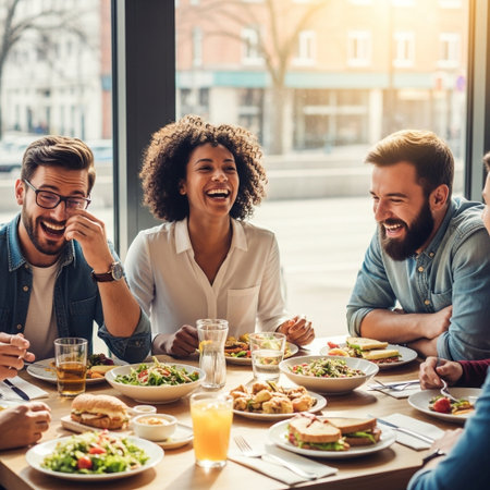 A diverse group of friends are seated around a table, sharing food and laughter in a bright, casual dining setting.の素材
