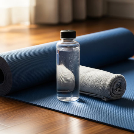 A blue yoga mat, a rolled towel, and a bottle of water are arranged on a wooden floor, ready for a fitness session.の素材