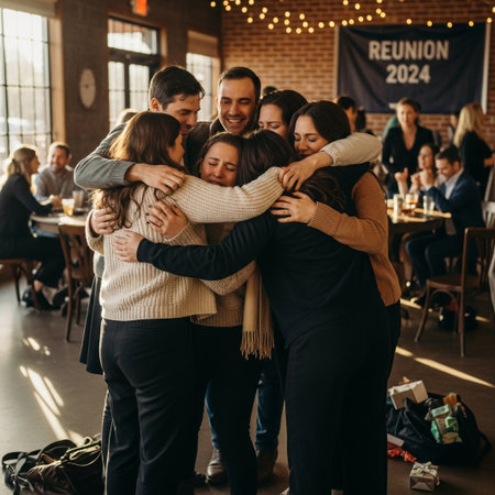 A diverse group of people share a warm, joyful group hug at a reunion, with a banner in the background.の素材