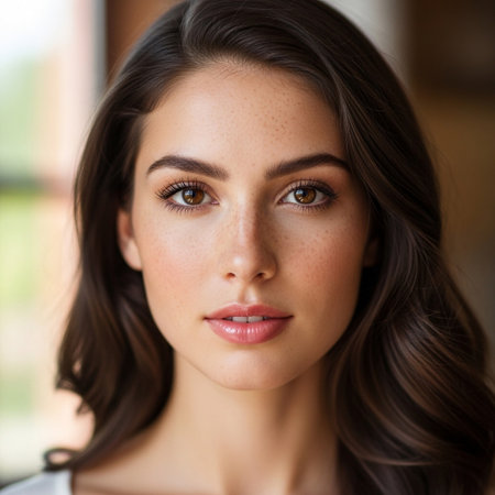 A beautiful young woman with long, wavy dark hair and striking brown eyes gazes directly at the camera.の素材