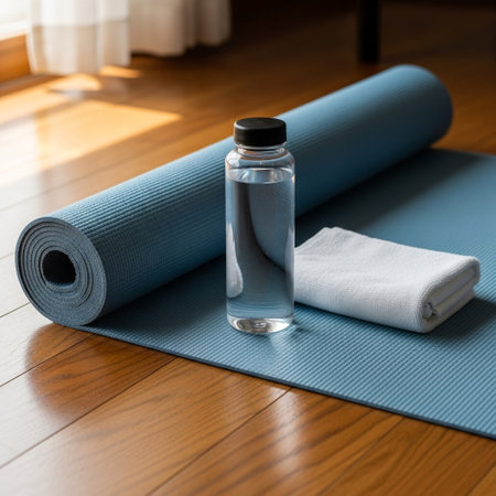 A rolled up yoga mat, a clear water bottle, and a folded white towel are placed on a wooden floor, bathed in natural light.の素材