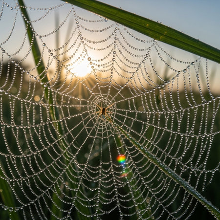 A delicate spiderweb glistens with morning dew, catching the soft light of the rising sun in a natural, outdoor scene.の素材