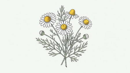 A detailed, vintage botanical illustration of a small bunch of chamomile flowers with delicate green foliage against a white background.の素材