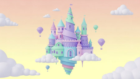 A pastel-colored, fantastical castle floats among clouds and hot air balloons against a gradient sky.の素材