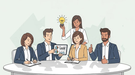 A diverse group of professionals sits around a table, discussing ideas. One person holds a lightbulb, symbolizing innovation and creativity.の素材
