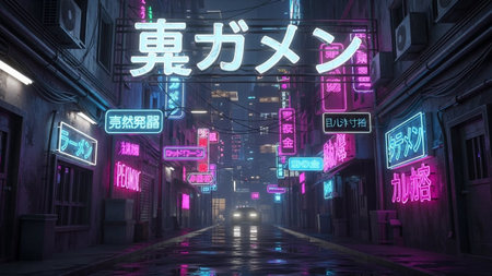 A dark, wet alleyway illuminated by vibrant neon signs in Japanese characters, with a car's headlights visible in the distance.の素材